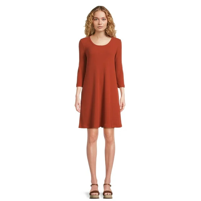 Time and Tru Women's Rib Knit Dress with 3/4-Length Sleeves, Sizes XS-XXXL | Walmart (US)