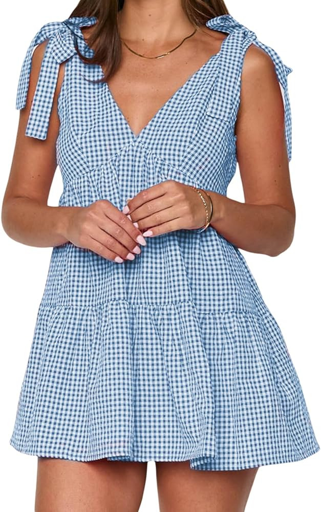 Women Plaid Cami Dress Spaghetti Strap Sleeveless V Neck Gingham Tiered Hem Backless Tie Up Flowy... | Amazon (US)