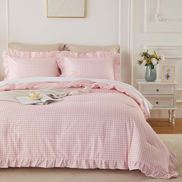 Cupocupa Gingham Ruffle Comforter Set King - 3 Piece Pink Checkered Bedding Set - Aesthetic Cotta... | Amazon (US)