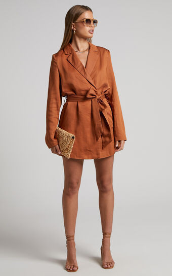 Amalie The Label - Lotte Linen Blend Tie Waist Wrap Blazer Dress in Toffee | Showpo (US, UK & Europe)