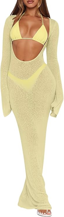 Women's 3 Piece Swimsuit Set Long Sleeve Sheer Mesh Cutout Maxi Dress Cover Up with Triangle Biki... | Amazon (US)