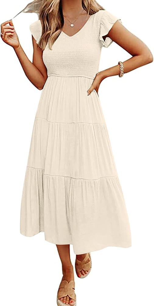 MEROKEETY Women's Flutter Sleeve Smocked Midi Dress V Neck Casual Tiered Dresses with Pockets | Amazon (US)