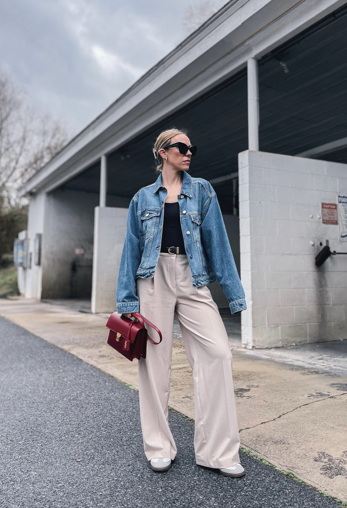 Denim jacket fall outfit with beige wide leg trousers and Adidas Samba sneakers 

#LTKShoeCrush #LTKOver40 #LTKFindsUnder100