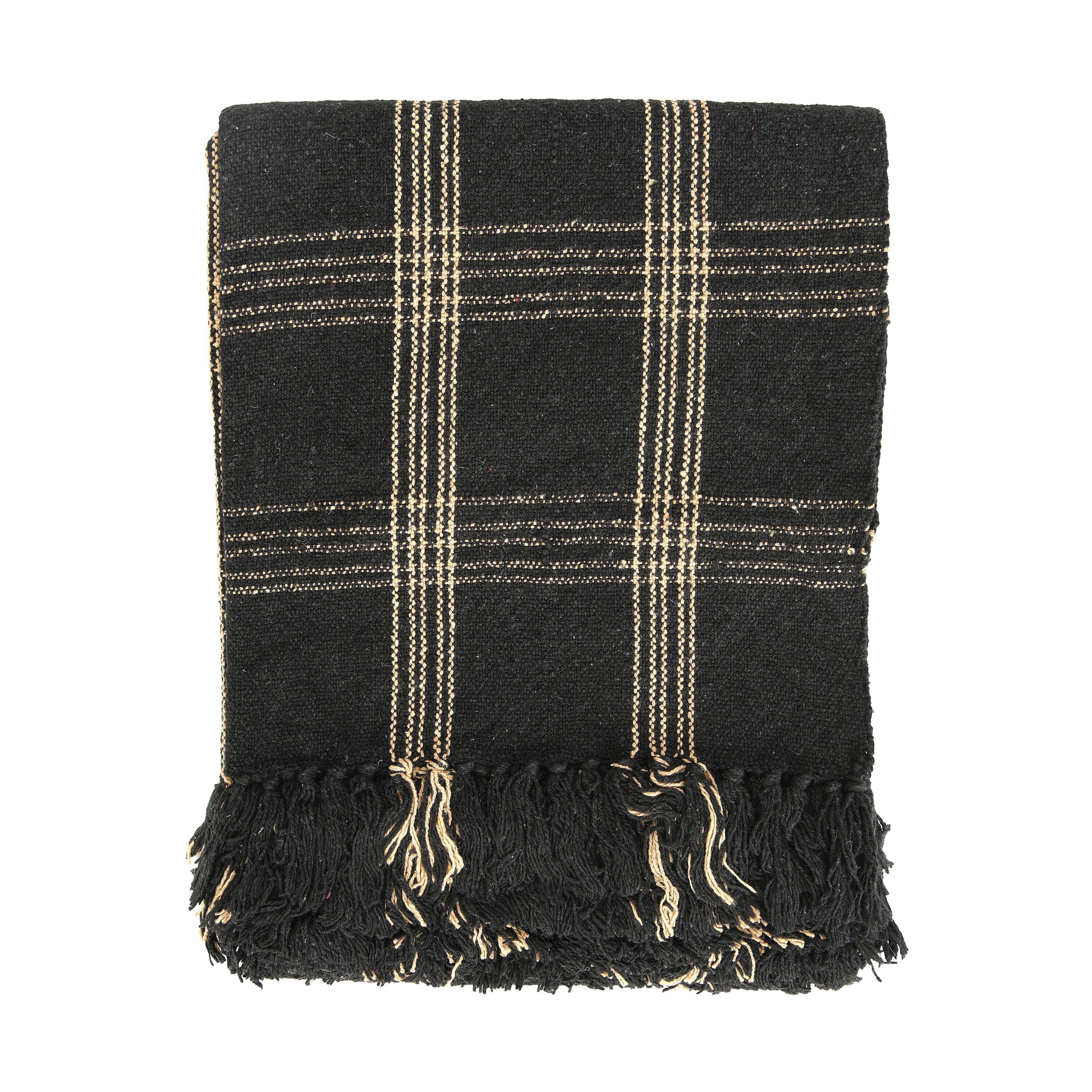 Plaid Black & Tan Fringed Woven Cotton Blend Throw | Bed Bath & Beyond