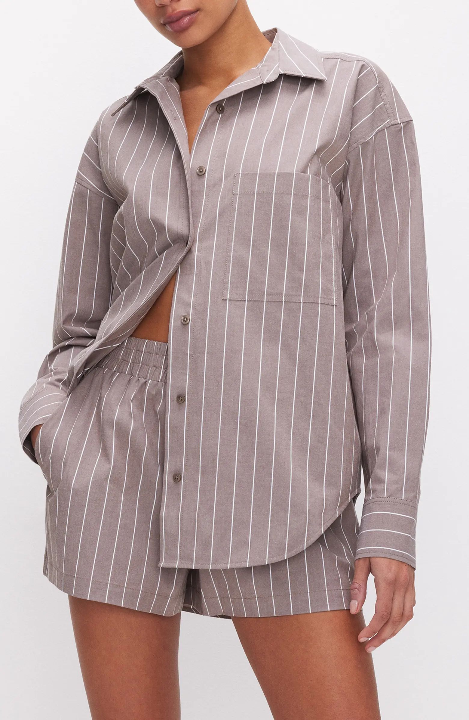Good American Oversize Stripe Stretch Cotton Poplin Button-Up Shirt | Nordstrom | Nordstrom