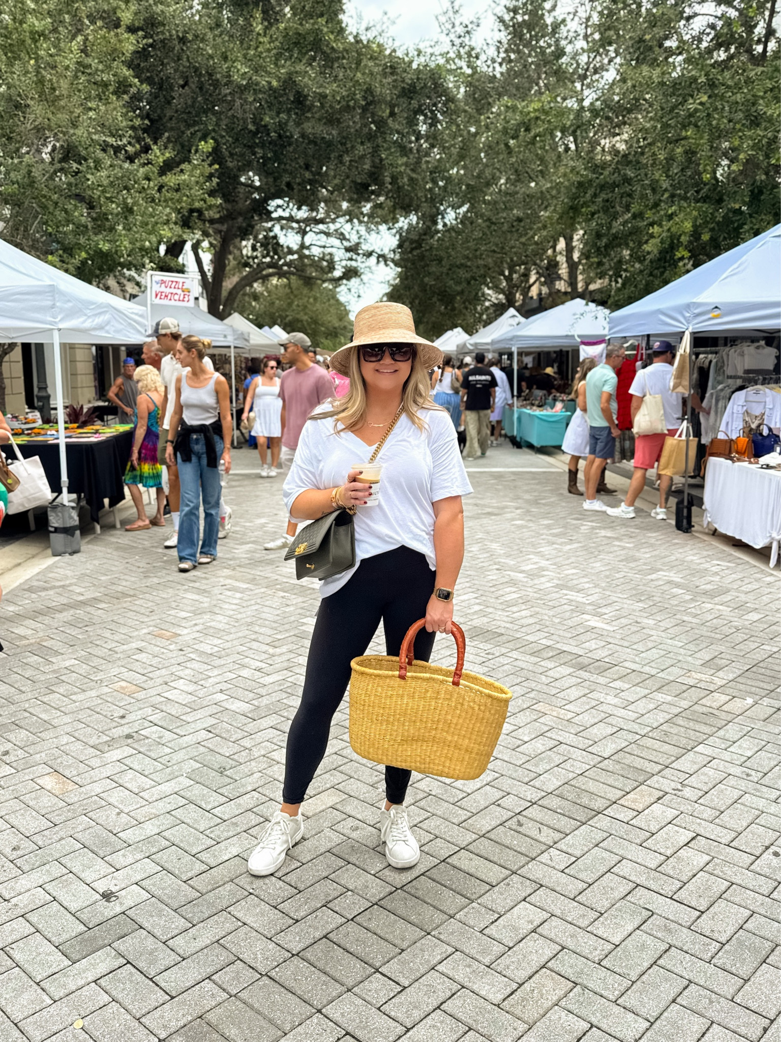 Farmers market run, sneakers, sun hat, market tote, iced latte, sunscreenn

#LTKMidsize #LTKItBag