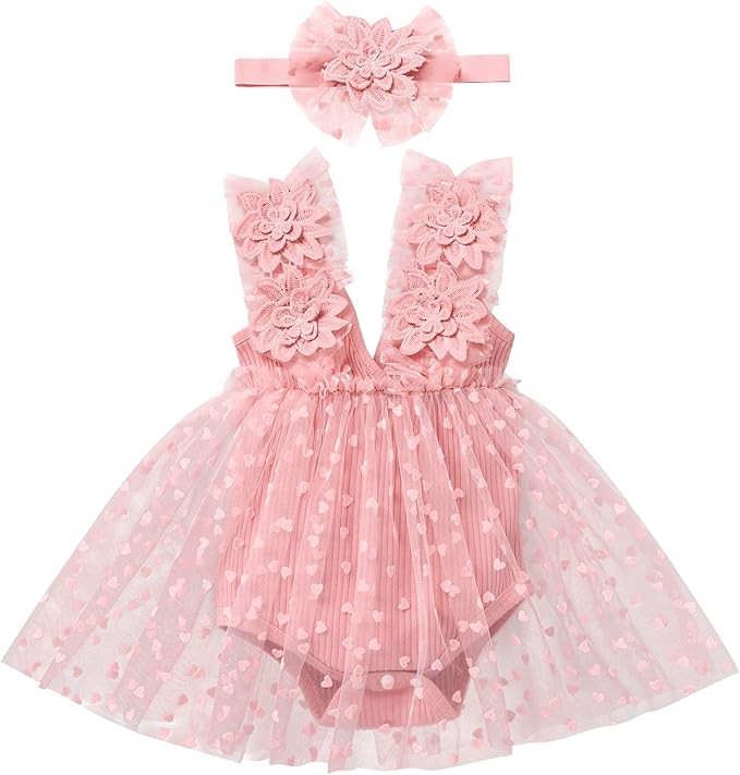 Newborn Baby Girl 1st Birthday Outfit Lace Tulle Romper Dress with Floral Headband Cake Smash Pho... | Amazon (US)
