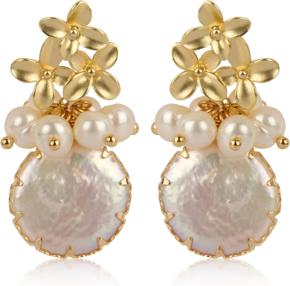 18k Gold Baroque White Big Pearl Drop Earrings For Women Handmade Trendy Comfy Real Freshwater Pe... | Amazon (US)