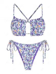 ZAFUL Reversible Criss Cross Ruffle Ditsy Print String Bikini Swimwear | ZAFUL (Global)