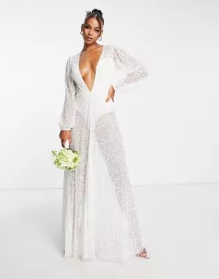 Starlet Bridal sheer balloon sleeve plunge sequin maxi dress in ivory trailing sequin | ASOS (Global)