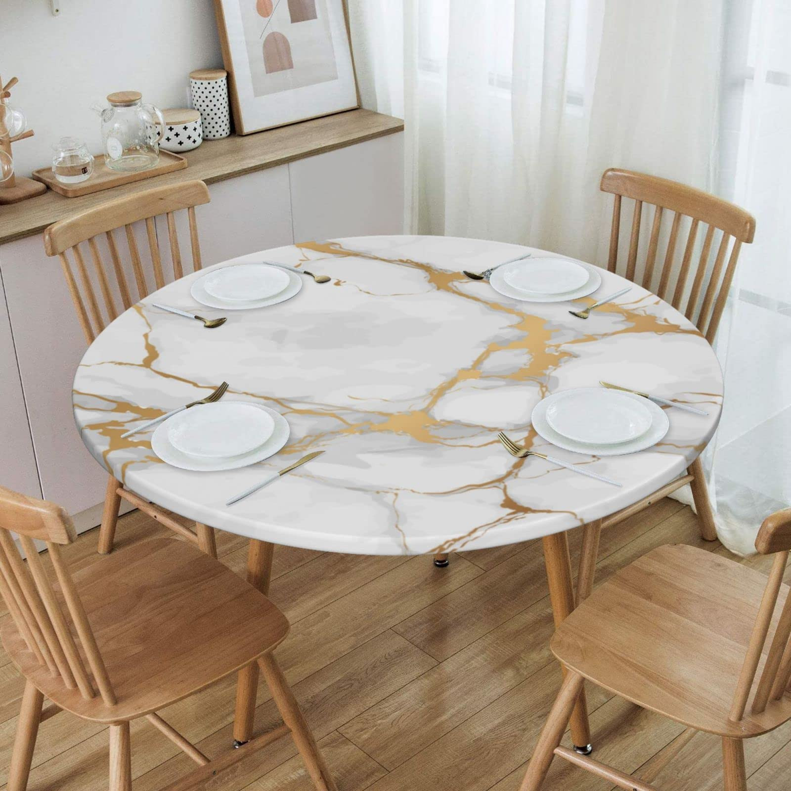 White Marble Print Tablecloth Elastic Edged Round Fitted Table Cover Waterproof Table Cloth for I... | Amazon (US)