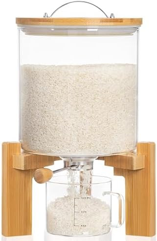 HBlife 8-10 Lbs Glass Rice Dispenser with Wooden Stand Flour and Cereal Container with Glass Meas... | Amazon (US)