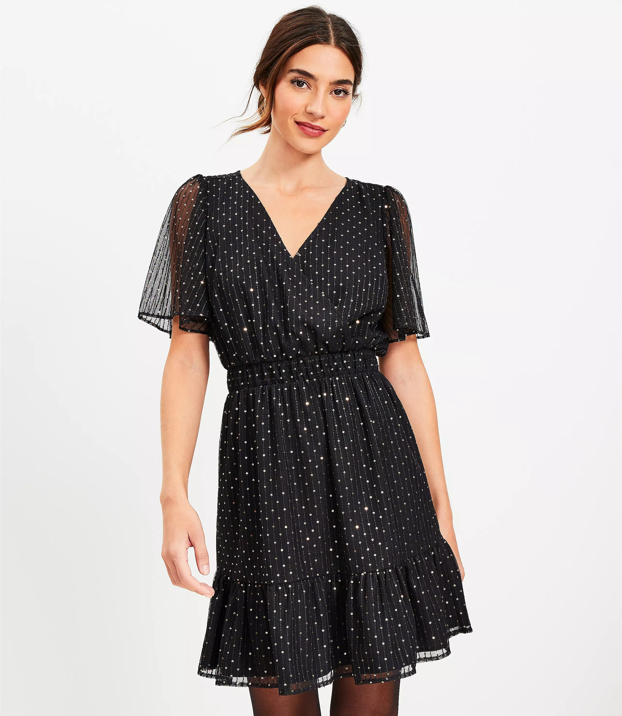 Sequin Mesh Flounce Wrap Dress | LOFT