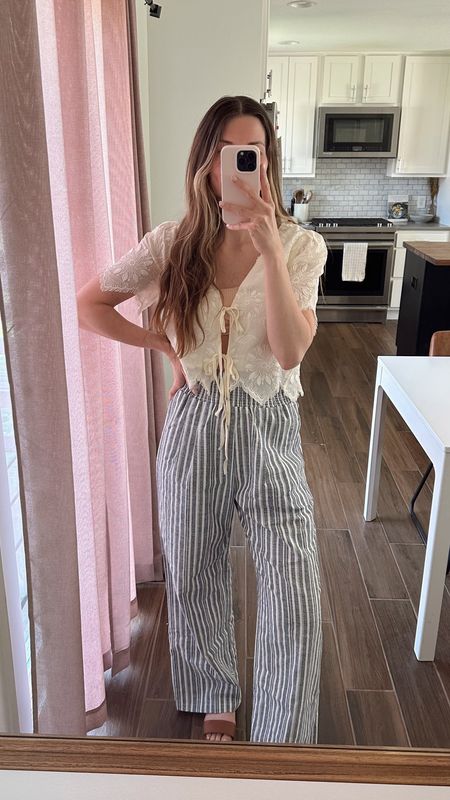 wearing an xs in striped pants! also cute with the waistband rolled! 
top sold out but linked similar in stock! 

#LTKfindsunder50 #LTKSeasonal