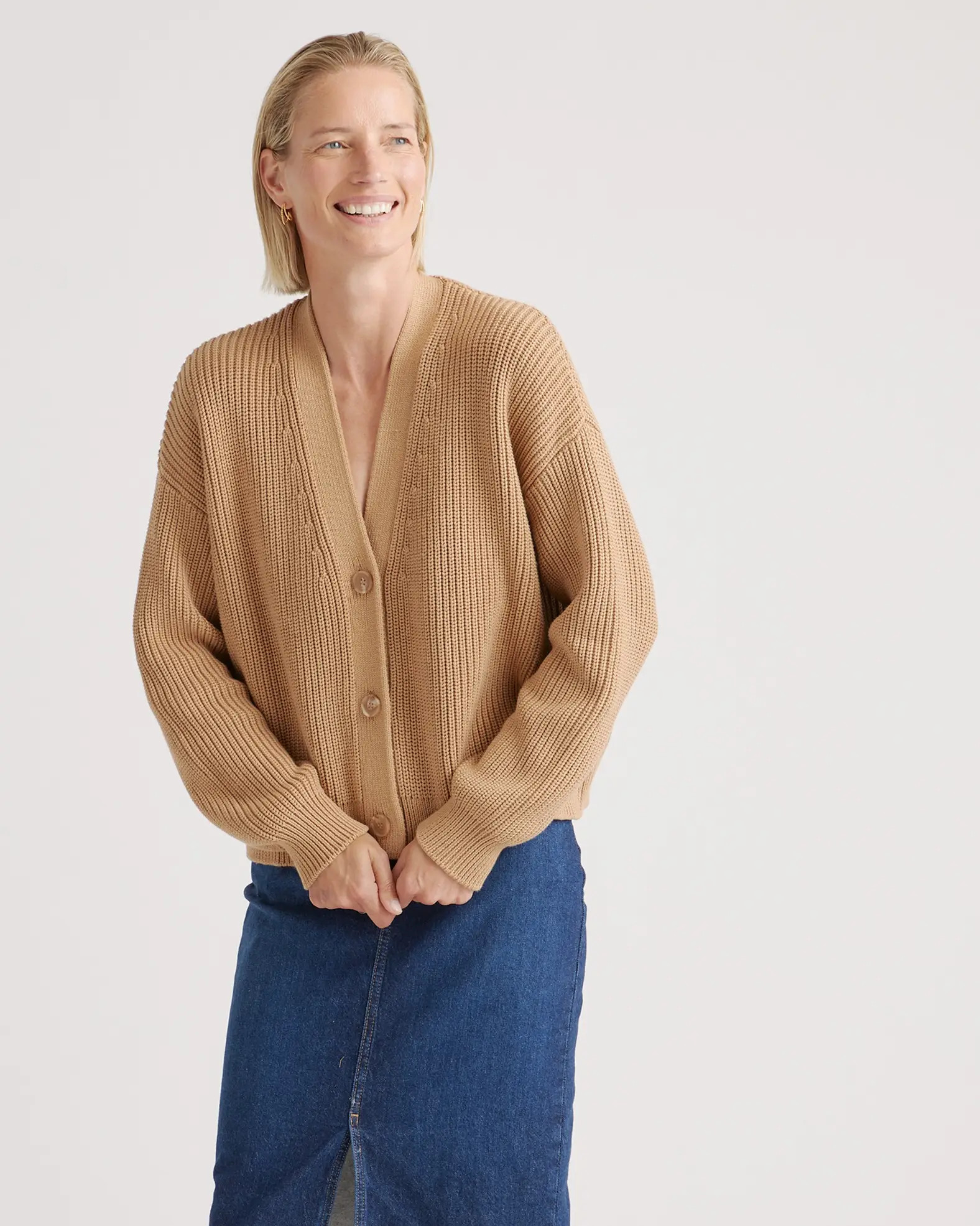 100% Organic Cotton Fisherman Boxy Cropped Cardigan in Camel | Quince