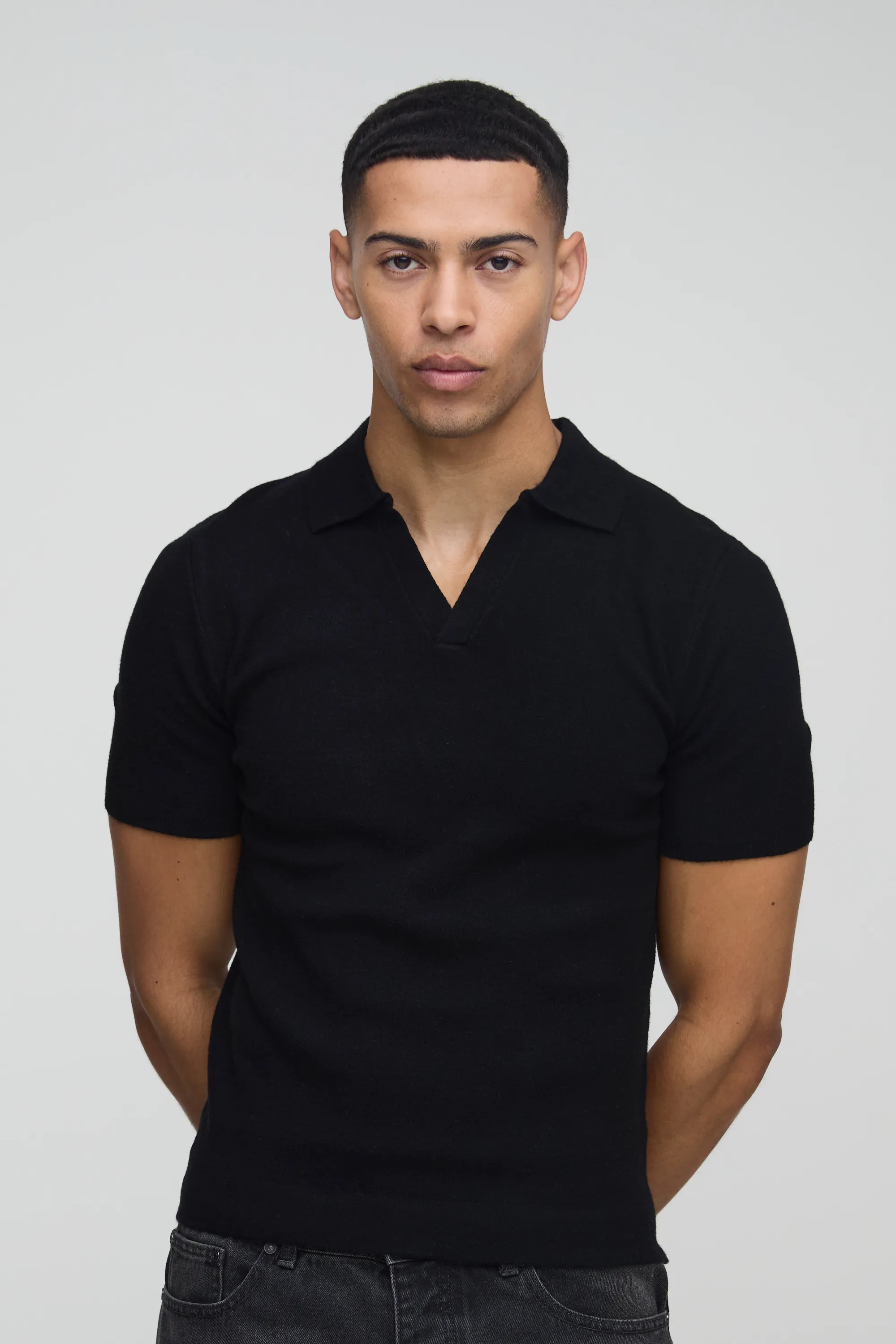 Muscle Fit Revere Collar Knitted Polo | boohooMAN (US & Canada)