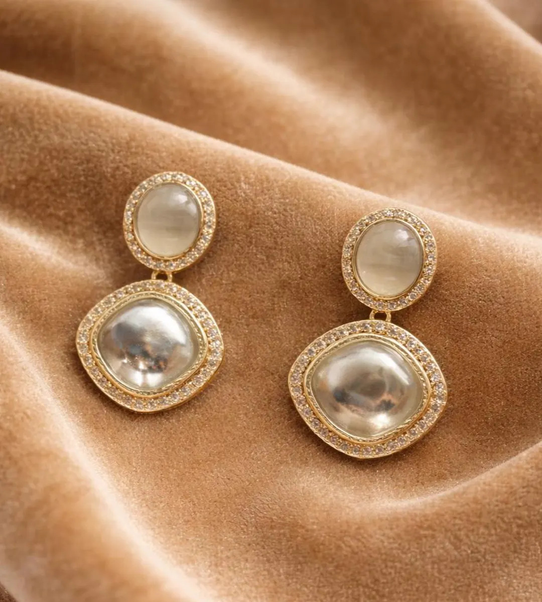 Gold Plated White Onyx Earrings, Zircon Halo, Boho Dangle - Etsy | Etsy (US)