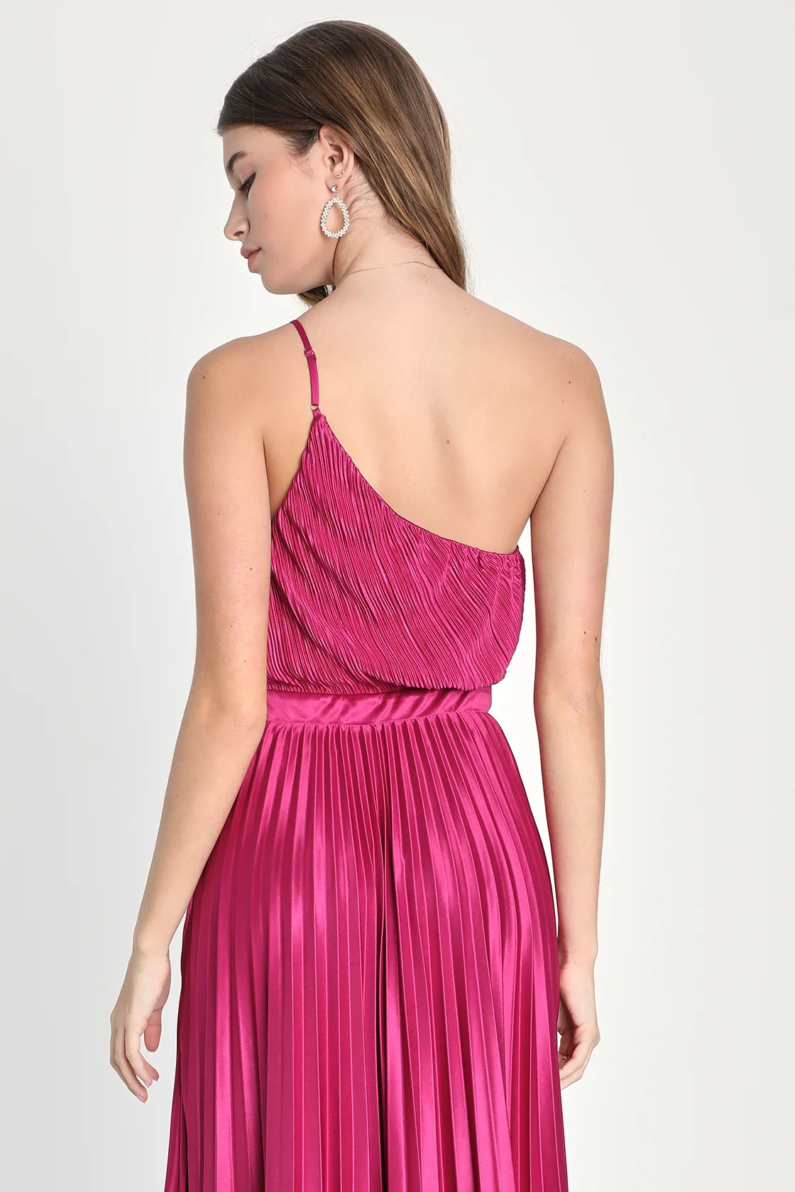 Alluring Marvel Magenta Pleated Satin One-Shoulder Midi Dress | Lulus