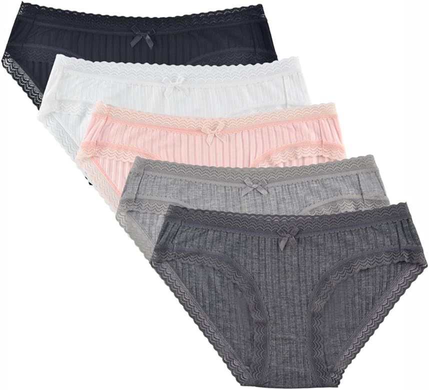 Women's Underwear Cotton or Bamboo Viscose Soft Bikini Panties Lace Trim 5 Pack | Amazon (US)