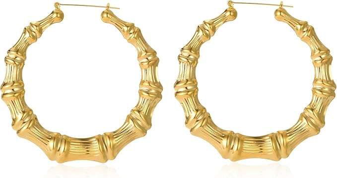 Culovity Large Bamboo Hoop Earring Hollow Casting Hip-Hop Statement Jewelry for Women Goldtone Si... | Amazon (US)