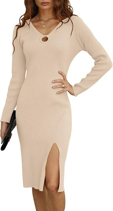 DEEP SELF Women's V Neck Wrap Dresses Ribbed Knit Bodycon Midi Dress Slit Sweater Dress Slim Fit | Amazon (US)