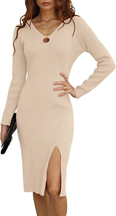 DEEP SELF Women's V Neck Wrap Dresses Ribbed Knit Bodycon Midi Dress Slit Sweater Dress Slim Fit | Amazon (US)