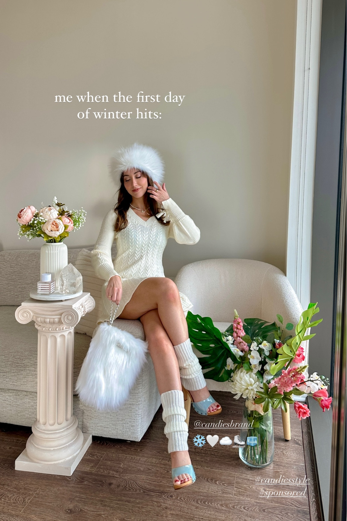 cozy girl winter outfit ❄️☁️⛸️🩵 perfect for a statement look or holiday party where you want to look ~extra~ while staying warm!

[off white knit v neck a line flared skater mini dress, leg warmers, cossack slavic hat, faux fur clutch bag purse, winter outfit ideas, girly style, feminine fashion, monochrome outfit, neutral ootd, candies mules heels, pastel fashion, holiday wear, vanilla girl, that girl aesthetic, clean girl, it girl vibes]

#LTKHoliday #LTKSeasonal #LTKShoeCrush