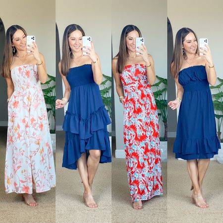 💥Sale alert on all 4 dresses! (See codes below) Petite friendly dresses perfect for spring & summer guest dresses, baby showers, bridal showers, parties, vacation, resort wear, cruise dress
all size small.  For reference: I'm 5'1", 109lbs.  Heels are 3", TTS Tank top small, shorts 25.
Dress 1 - 20% off code 201ZYJQW (some have a 10% off coupon)
Dress 2 - 30% off (15% off Coupon + 15% off code LIGSSSP3)
Dress 3 - 20% off (10% off coupon + 10% off code 1033K17S)
Dress 4 - 35% off (20% off coupon + 15% off code 15GYO69I)
Tank top - 25% off (25% off code 25A2CGYE)

#LTKunder50 #LTKsalealert #LTKstyletip