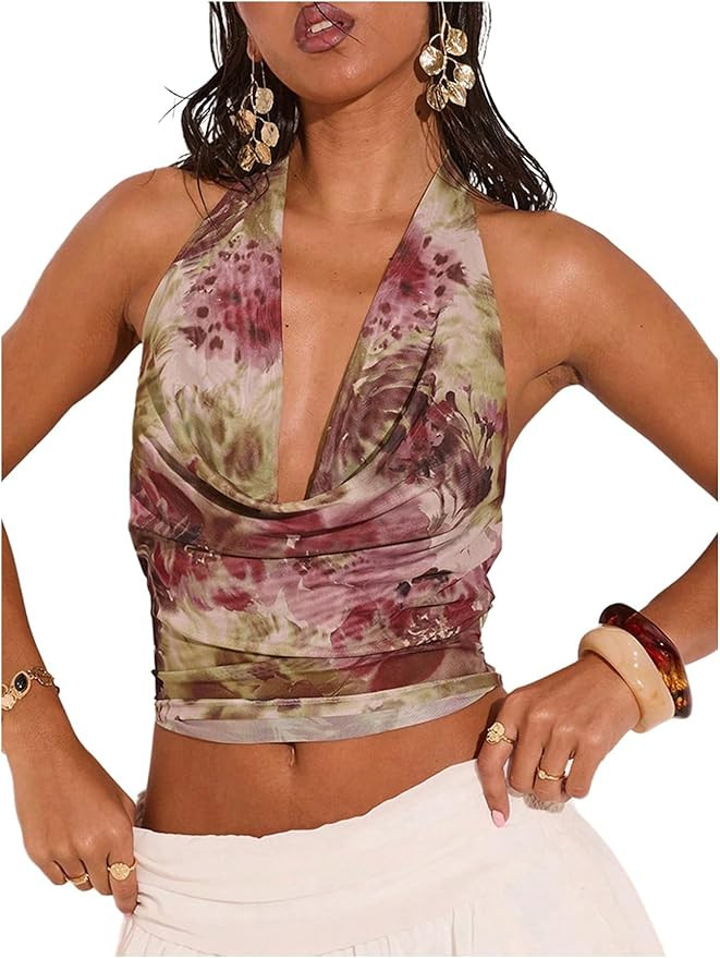 SOLY HUX Women's Cowl Neck Halter Tops Mesh Floral Deep V Neck Draped Front Backless Summer Going... | Amazon (US)