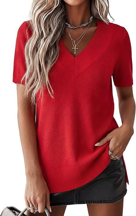 Jouica Women's Sweaters V Neck Pullover Sweater Side Slit Long Sleeve Knit Spring Tops Trendy Out... | Amazon (US)