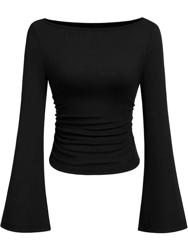 PRETTYGARDEN Women's Long Sleeve Shirts Fall Going Out Tops Casual Boat Neck Bell Sleeve Ribbed R... | Walmart (US)