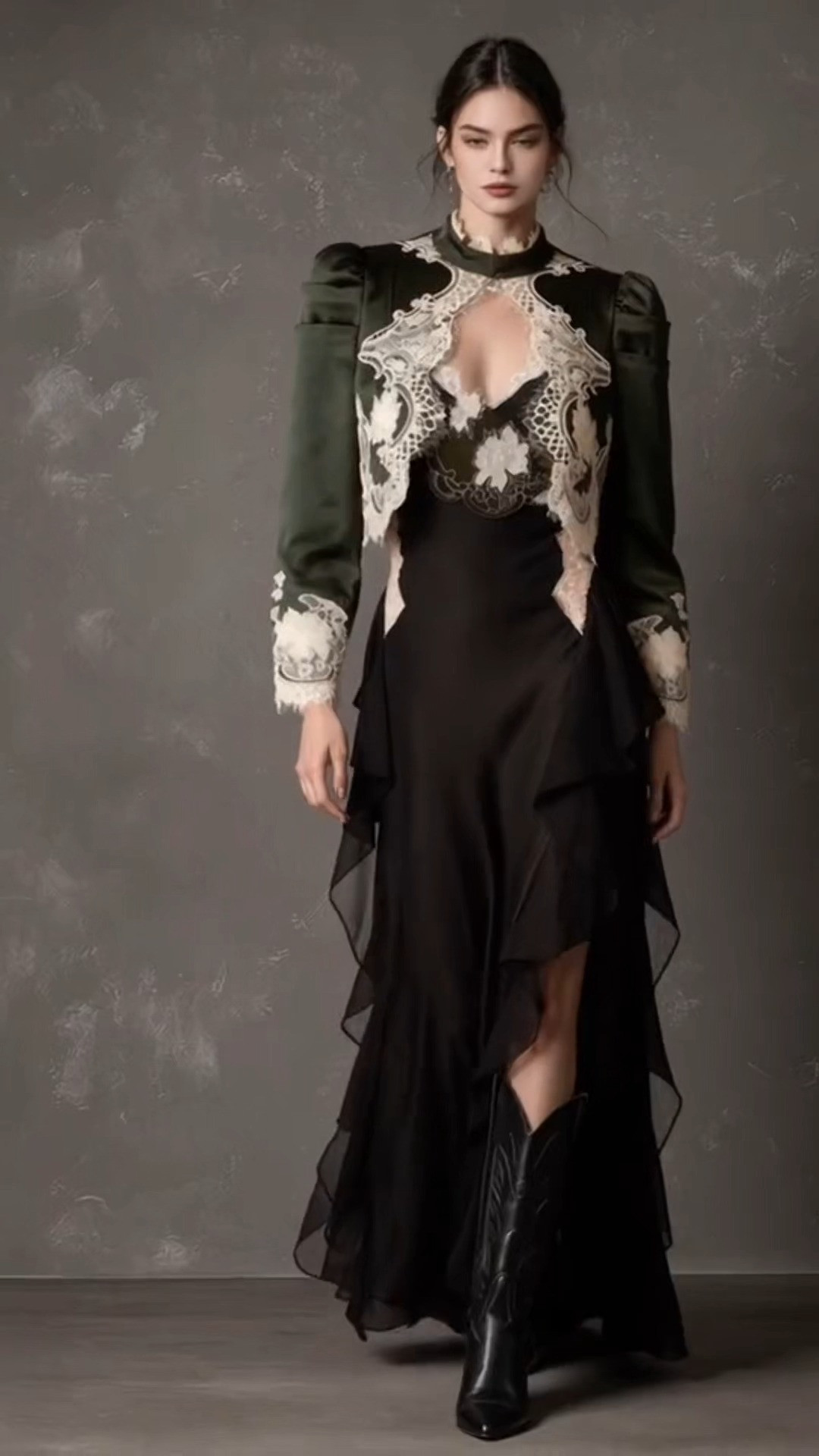 Elegant Dark Green Lace Jacket & Black Satin Maxi Dress Evening Outfit#DarkGreenLaceTrimJacket #BlackSatinSlipMaxiDress #WesternCowboyBoots #RomanticGothEveningWear #ElevatedFormalOutfit #VintageLaceOuterwear #AsymmetricalRuffleGown #SophisticatedDinnerLook #DarkLuxuryStyle #SpecialOccasionOutfit #LaceAndSatinEnsemble 

 #LTKootd #LTKOver40 #LTKWedding