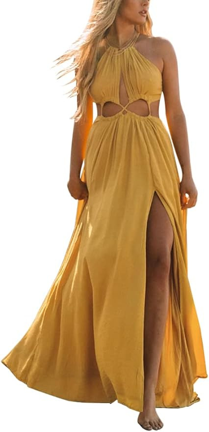 Womens Cutout Halter Tie Maxi Dress Flowy Boho Beach Summer Sexy Midi Dress Side Slit Long Dresse... | Amazon (US)