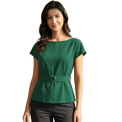 INSPIRE CHIC Women's Cap Sleeve Boat Neck Office Work Belted Peplum Tops Large Dark Green | Target