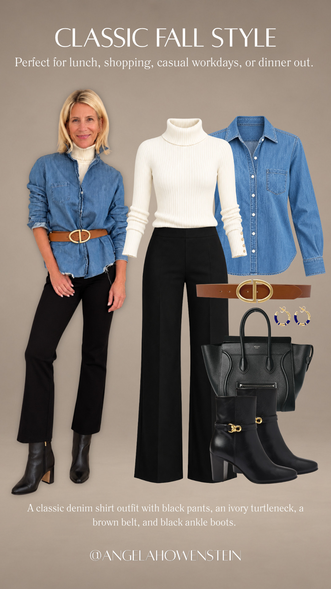 A denim button-down, tailored black pants, and a classic brown belt make such an easy, polished outfit! Layer it over an ivory turtleneck with black ankle boots for cooler fall days, or wear the shirt on its own when the weather warms up. Perfect for lunch, shopping, casual workdays, or dinner out.

👩‍💻 LTK PRO TIPS
❤️ Heart = Support my posts ;-)
🔖 Save = Get sale & restock alerts for the things you love!
📋 Lists = Keep favorites organized (List ideas: Christmas, Birthdays, and Vacations!)
📲 Share = Send lists and products to a friend (or your daughters like me).
💬 Comment = Ask me anything, and I’ll answer. ;-) 

 #LTKootd #LTKSeasonal #LTKOver40