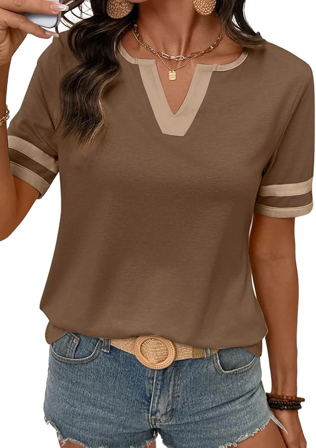 SHEWIN Women's Summer Tops Cotton V Neck Short Sleeve T-Shirts Colorblock Casual Tees 2026 Clothe... | Amazon (US)