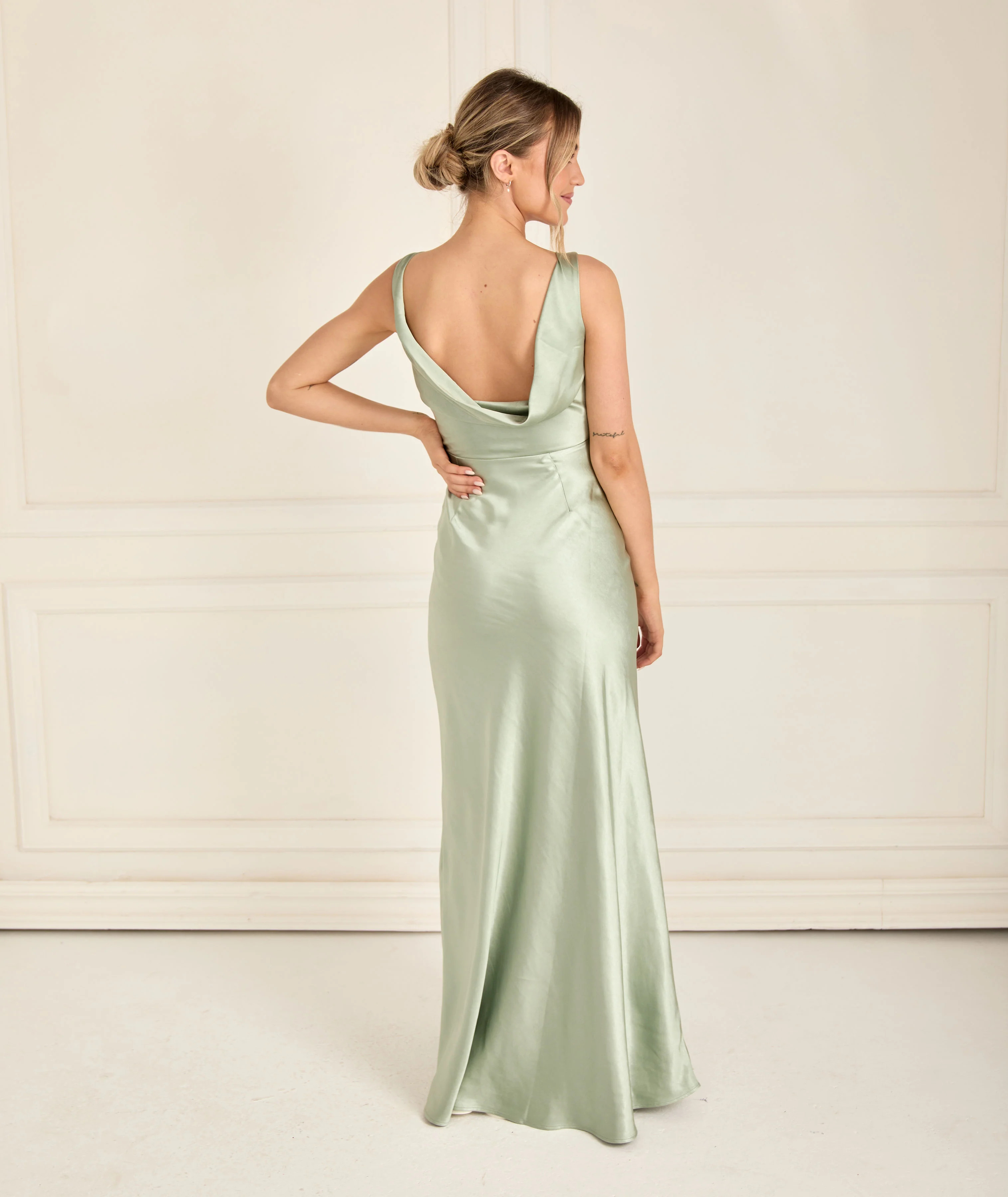 Cowl Back Satin Bridesmaid Dress - Sage | Six Stories