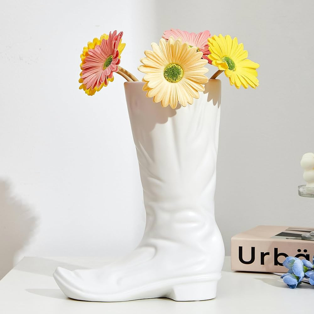 Denique White Ceramic Cowboy Boot Vase, Unique Boot Shaped Flower Vase for Home Decor, Modern Far... | Amazon (CA)