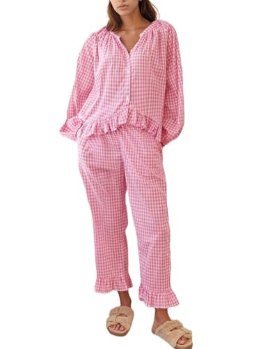 Flygo Womens Plaid Pajamas Sets 2 Piece Cotton Pj Set Puff Sleeve Ruffle Babydoll Shirt Gingham P... | Amazon (US)