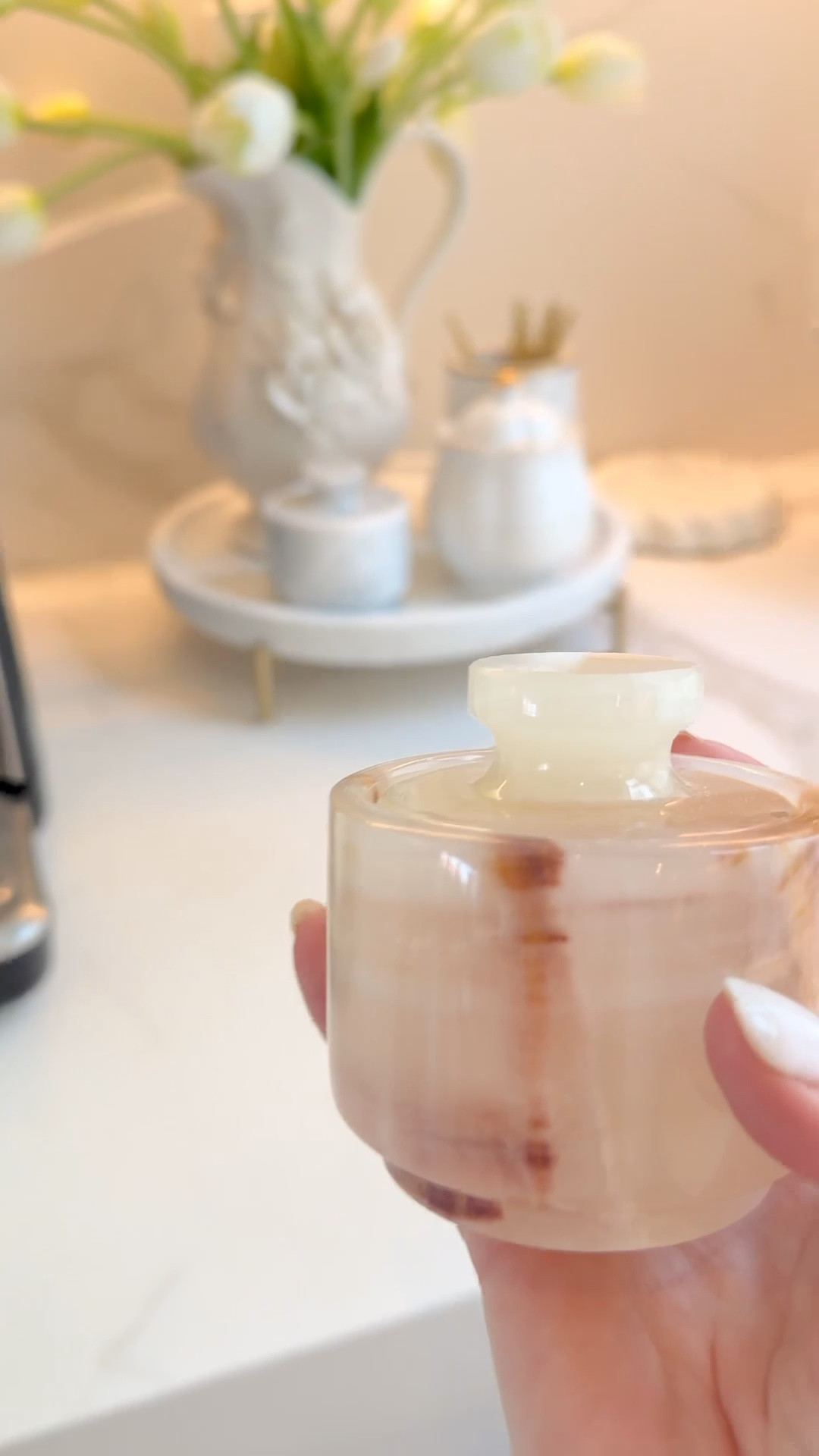 We use these marble sugar and salt/pepper cellars every day. They’re not only beautiful, but they keep the dust away. I’ve also linked a couple of the onyx cellars.