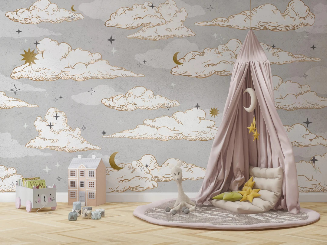 Gray Wallpaper for Kids | Sky Wallpaper for Nursery | Moon and Stars Wallpaper | Baby Wallpaper | Etsy (US)
