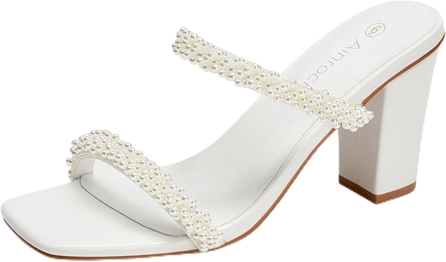 Ainrock Women's Pearl Heels Chunky Heel Square Toe Two Strap Slip On Block 3.1 Inch Heeled Sandal... | Amazon (CA)