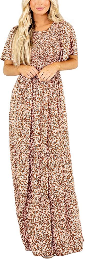Women's Round Neck Short Flutter Sleeve Smocked Ruffle Floral Maxi Dress | Amazon (US)