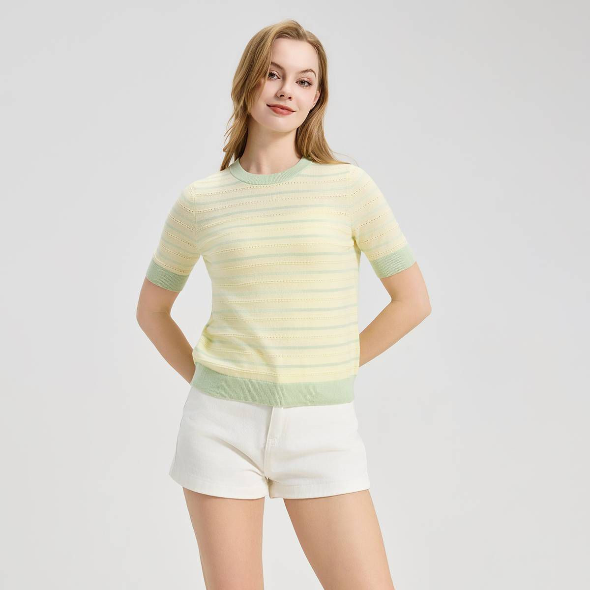 Women's Short Sleeve Crewneck Pullover Sweater - Universal Thread™ Green Striped L | Target
