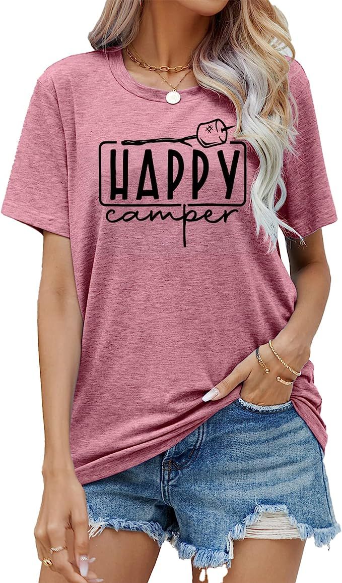 Happy Camper Shirts Womens Marshmallow Graphic Shirts Camping Casual Summer Tee Tops | Amazon (US)