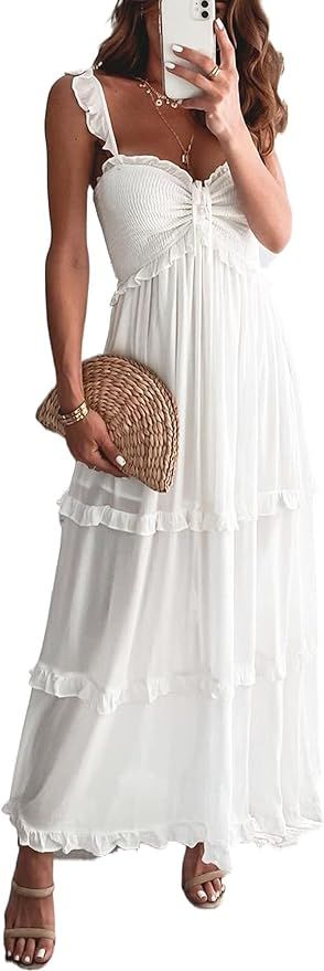 HaSaiki Women's Bohemian Lace Maxi Dresses Square Neck Sleeveless Beach Party Long Dress Sundress | Amazon (UK)