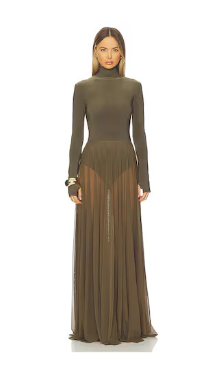 x REVOLVE Long Sleeve Turtleneck Flared Gown in Bark | Revolve Clothing (Global)
