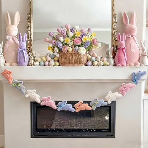 Suncalla 8.2ft Pastel Flocked Easter Bunny Garland 4.7" Cute Bunnies with Bows Banner, Spring Farmhouse Decor, Hanging Decoration for Mantel, Fireplace, Wall Indoor Home Office Easter Party Supplies | Amazon (US)