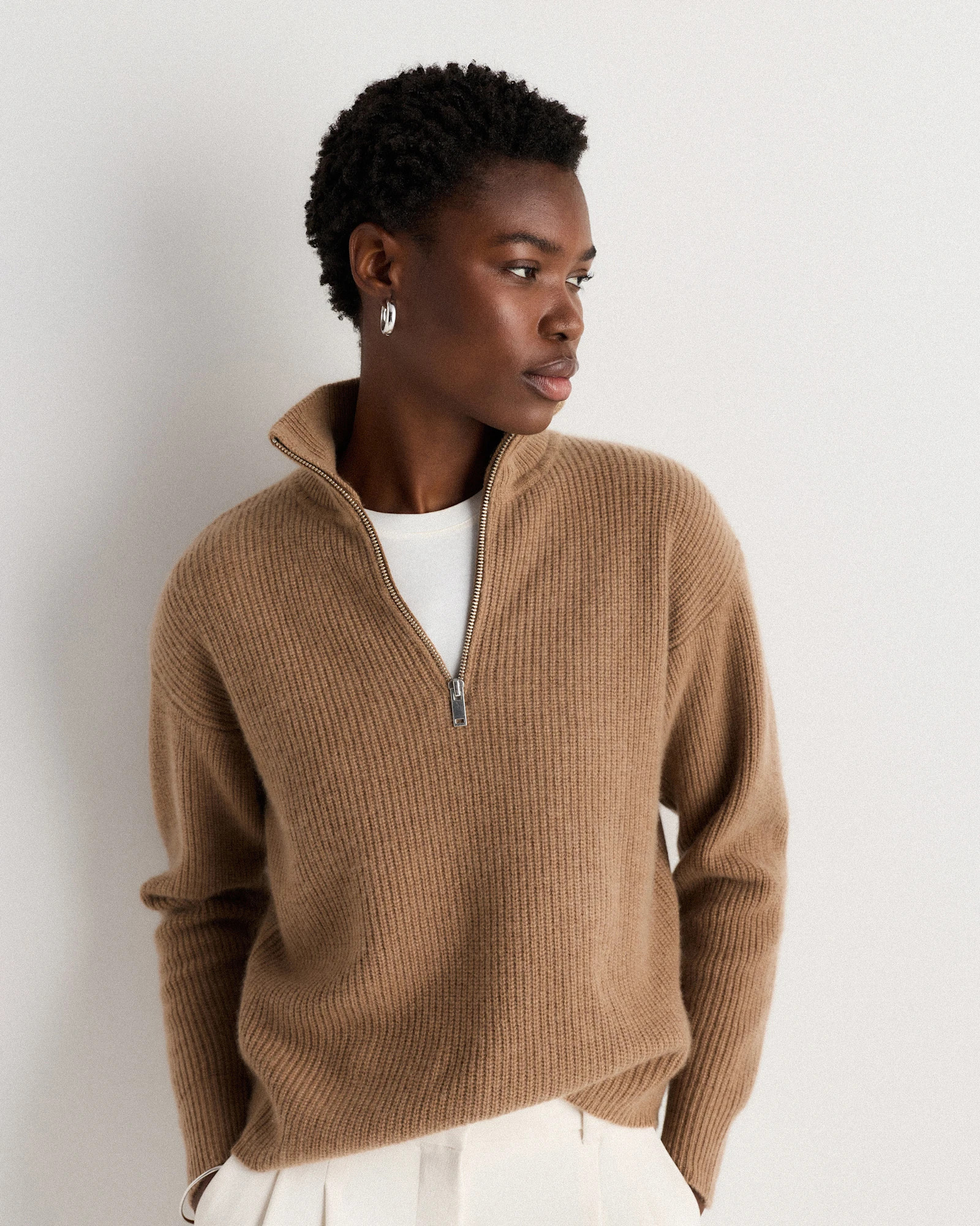 Quince | Women's Mongolian Cashmere Fisherman Quarter Zip Sweater in Ivory, Size Large | Quince