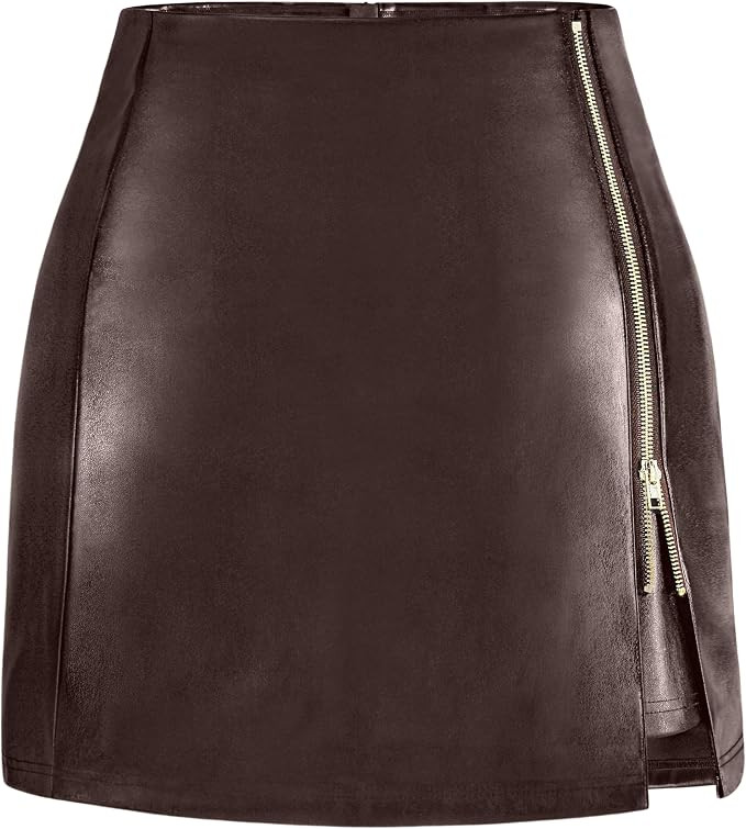 FLUFFY SENSE. Women's Leather Mini Skirt Stretchy High Waisted Zipper Slit Faux Pleather Bodycon ... | Amazon (US)
